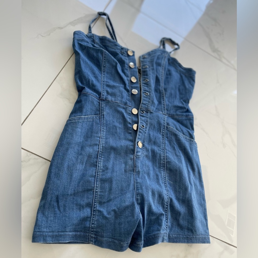 Spaghetti Strap Denim Short Romper